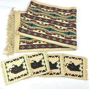 Table Runner + 4 Chili Pepper Coasters. Southwest. New. 74 in X 13.5 in Wide.